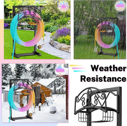 Garden Hose Holder, Metal Water Hose Holder with Storage Basket, Heavy Duty 4 Spikes Hose Hanger Holds 150 Feet Hoses, Freestanding Hose Storage Reel Rack for Outdoor Yard Lawn,Coil