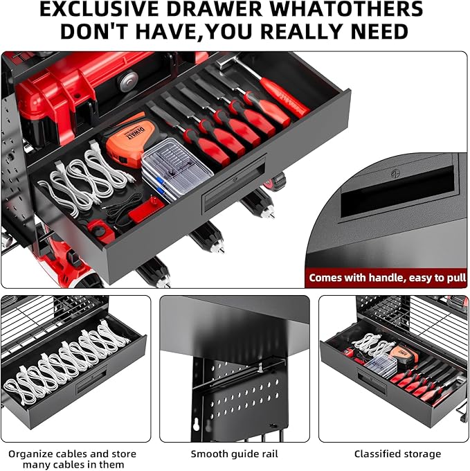 Power Tool Organizer Wall Mount Heavy Duty 130 lbs, 4 Layers Storage Rack with 6 Drill Holders & Battery Storage, Cordless Tool Organizer for Garage, Workshop & Tool Room
