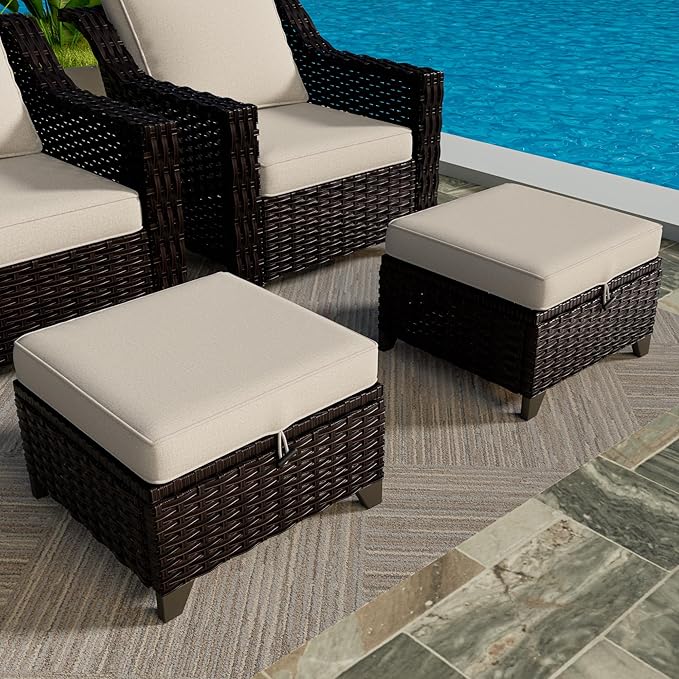 VistaVibe 2 Pieces Patio Wicker Ottomans, Luxurious Footstools, Outdoor Small Footrest, Wicker Furniture with Removable Cushions, All-Weather PE Rattan, Garden, Backyard, Porch(Brown/Beige)