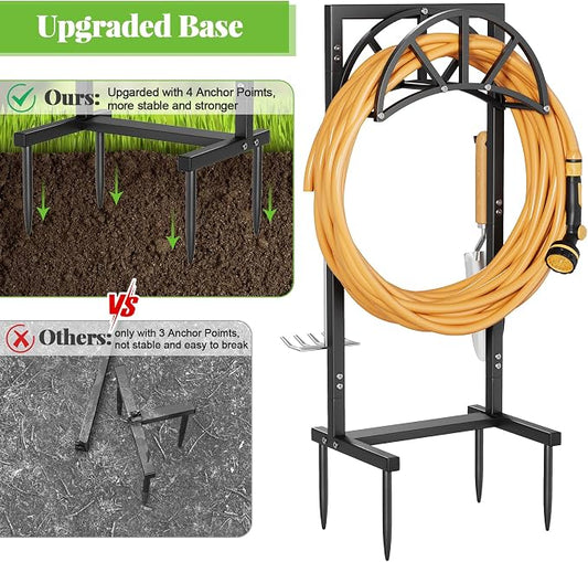 Mr IRONSTONE Garden Hose Holder Freestanding with 4 Spikes, Upgraded Water Hose Holder with Stainless Steel Screws, Heavy Duty Hose Stand Holds (Deep Black)