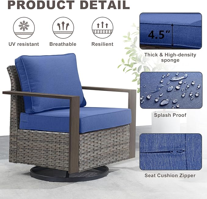 Rilyson Outdoor Patio Swivel Rocker Chairs - Wicker Rattan Patio Swivel Rocking Chairs Set of 2 with Metal Wide Armrest, Thick Cushions and Deep Seating for Deck Porch Sunroom Garden(Mixed Grey/Blue)