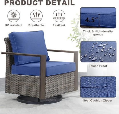 Rilyson Outdoor Patio Swivel Rocker Chairs - Wicker Rattan Patio Swivel Rocking Chairs Set of 2 with Metal Wide Armrest, Thick Cushions and Deep Seating for Deck Porch Sunroom Garden(Mixed Grey/Blue)