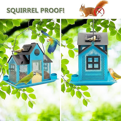 Solar Bird Feeders House for Outside Hanging, Metal Wild Bird Feeder for Outdoors Large Capacity Cardinal Birdfeeder Birdhouses Metal Bird Feeding Station Blue