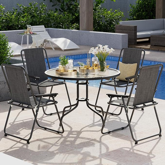 UDPATIO Folding Patio Chairs Set, Patio Dining Chairs Set of 4 and 31.5" Round Tempered Glass Metal Table with 1.57" Umbrella Hole, Black