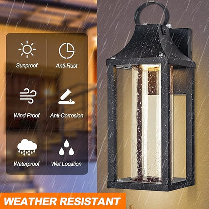 Dusk to Dawn Outdoor Led Wall Light Fixture, 15" Large Exterior Wall Lantern with Clear Seed Glass, Modern Wall Mounted Sconce Waterproof, Outside Porch Lamp for House Patio Garage 13W 3000K