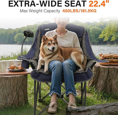 Camping Chairs for Adults-Oversized Extra Large Lawn Chair,Folding Comfy Padded Chair w/Phone Holder,Side Pocket,Cup Holder for Outdoor,Wide&Thick,Heavy Duty 400Lbs,Blue