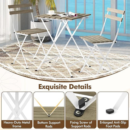 Giantex 3-Piece Acacia Wood Bistro Set, Patio Bistro Table with 2 Folding Chairs, Slatted Seat & Tabletop, Metal Frame, Outdoor Furniture Set for Backyard, Porch, Garden, Poolside (White + Gray)