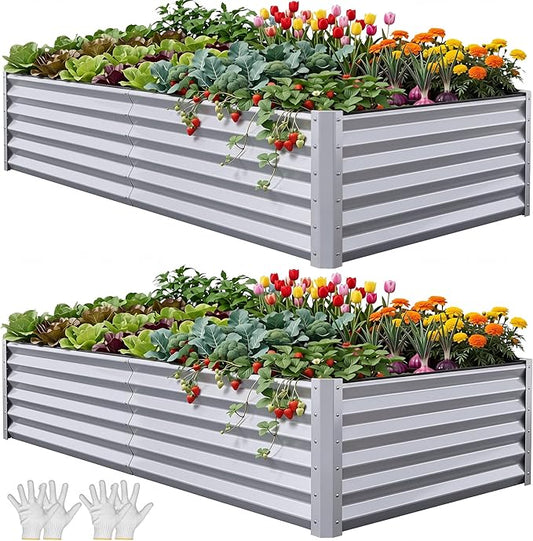 YITAHOME 8x4x1.5ft 2pcs Large Raised Garden Bed Kit, Galvanized Metal Planter Box with Gloves, Ground Nails & Safety Rubber, Outdoor Above Ground Planters for Plants Vegetables Flowers, Silver