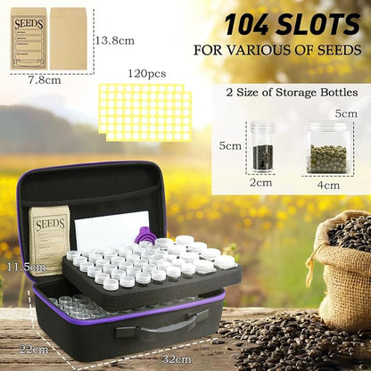 104 Slots Seed Storage Organizer Box with 20 Envelopes, Garden Seed Containers 1 oz 5 oz with Labels, Seed Packet for Plant, Flower,Vegetable Seeds
