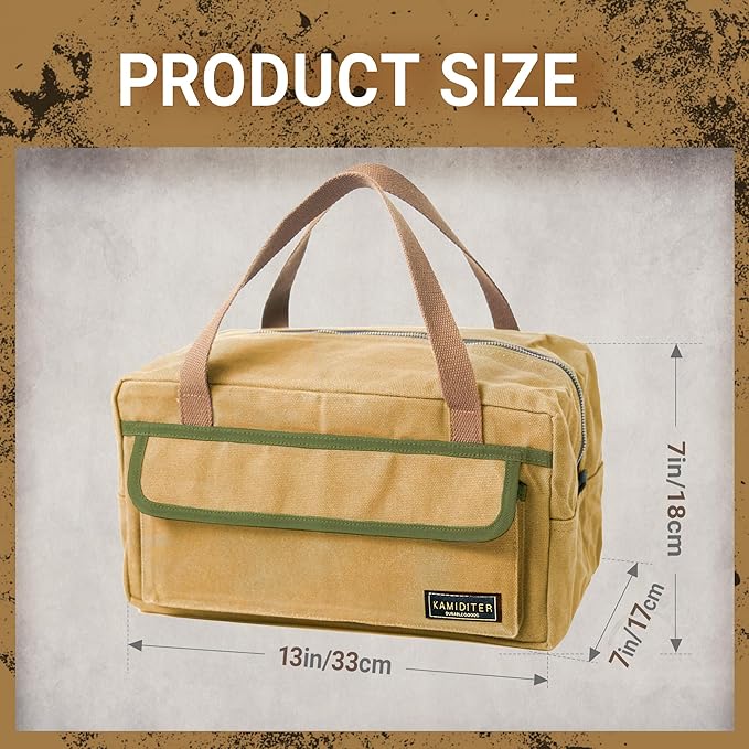 Mechanic's Waxed Canvas Small Tool Bag, Color-Blocking Design, Touch Fastener Front & Zipper-Closure Back Utility Bag (Khaki)