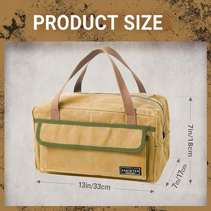 Mechanic's Waxed Canvas Small Tool Bag, Color-Blocking Design, Touch Fastener Front & Zipper-Closure Back Utility Bag (Khaki)