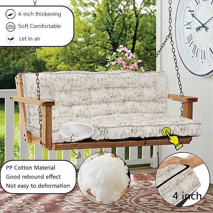 Porch Swing Cushion Three Seat, Waterproof Swing Cushions Replacement with Backrest, Outdoor Garden Furniture Patio 4" Thickened Cushions with Ties (White Leaves, 40 x 63in)
