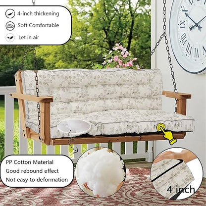 Porch Swing Cushion Three Seat, Waterproof Swing Cushions Replacement with Backrest, Outdoor Garden Furniture Patio 4" Thickened Cushions with Ties (White Leaves, 40 x 63in)
