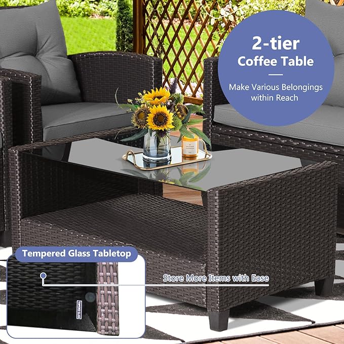 HAPPYGRILL 4-Piece Patio Conversation Set Rattan Wicker Chair Furniture Set with 1 Loveseat, 2 Single Sofas, 1 Coffee Table, Outdoor Furniture Set for Backyard Porch Garden Poolside Balcony (Grey)