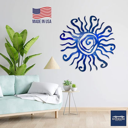 Riverside Designs Wacky Sun Metal Wall Art Indoor/Outdoor Decor - 24" Blue Rust Proof Wall Sculpture - Made in USA - Ideal for Bedroom, Garden, Home, Patio and Farmhouse