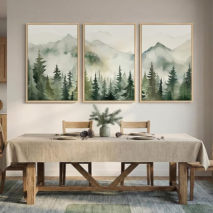 Large Framed Green Forest 3 Piece Wall Art for Living Room, Abstract Landscape Foggy Mountain Print Canvas Artwork for Walls, Modern Nordic Rustic Nature Wall Decor for Bedroom Home Office, 24x36 Inch