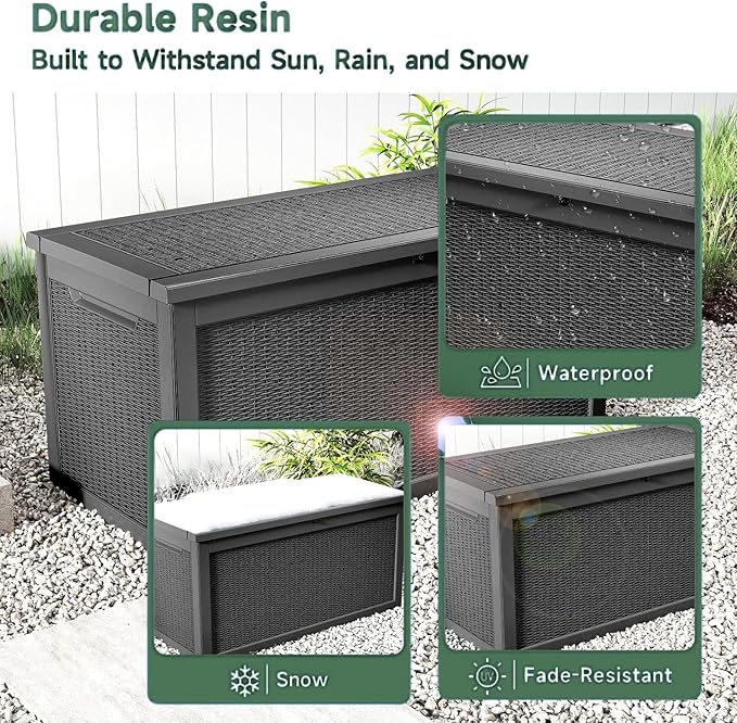 260 Gallon Deck Box, Waterproof Resin Outdoor Storage Box Lockable for Patio Furniture, Fade Resistant Patio Side Table & Organizer for Garden Tools, Pool Floats, Outdoor Cushions, Black