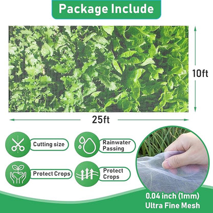 GonLei 10x25FT Garden Mesh Netting Kit Raised Beds (6 Pcs Garden Hoops & 18 Clips) Garden Hoops Plant Row Covers Netting Protection Berry Bush Trees Grass Seed Barrier Net