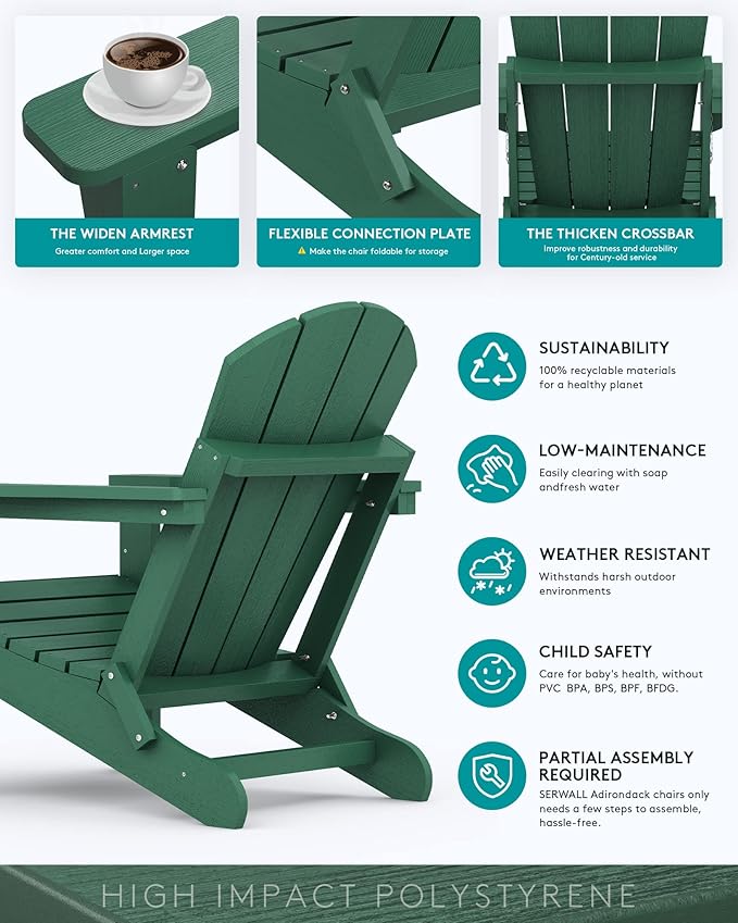 SERWALL Folding Adirondack Chair Set of 6, Painted Adirondack Chair with Cup Holder, Weather Resistant for Patio Deck Garden, Fire Pit & Lawn Furniture Porch - Green