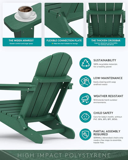 SERWALL Folding Adirondack Chair Set of 6, Painted Adirondack Chair with Cup Holder, Weather Resistant for Patio Deck Garden, Fire Pit & Lawn Furniture Porch - Green