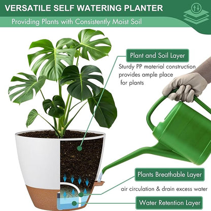 montresor 5-Pack Self-Watering Planters with Wick & Reservoir (5/5.5/6/6.5/7 Inch) – Plastic Indoor Pots with Drainage, Modern White Flower Pot for Violet, Herb