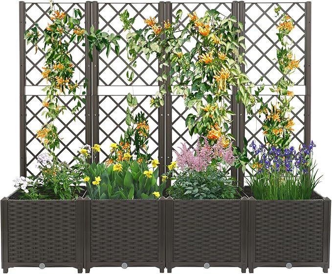4 PCS Raised Garden Bed with Trellis, Plastic Planter Box for Climbing Plants, Outdoor Vertical Garden with Privacy Screen for Patio, Balcony, Backyard, Dark Brown