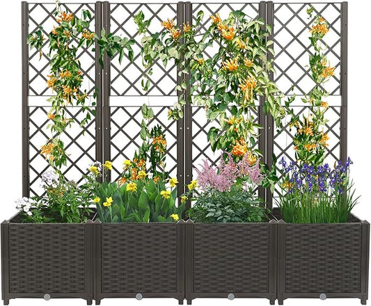 4 PCS Raised Garden Bed with Trellis, Plastic Planter Box for Climbing Plants, Outdoor Vertical Garden with Privacy Screen for Patio, Balcony, Backyard, Dark Brown