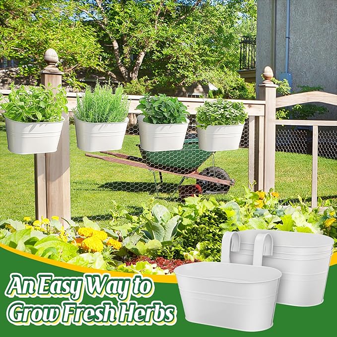 MADHOLLY Railing Planter with Drainage Holes - Sturdy Bucket Pots for Railing Fence, Countryside Style Metal Flower Pots for Herbs Balcony Garden Yard Decor, 4Pcs, White