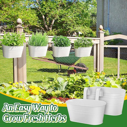 MADHOLLY Railing Planter with Drainage Holes - Sturdy Bucket Pots for Railing Fence, Countryside Style Metal Flower Pots for Herbs Balcony Garden Yard Decor, 4Pcs, White