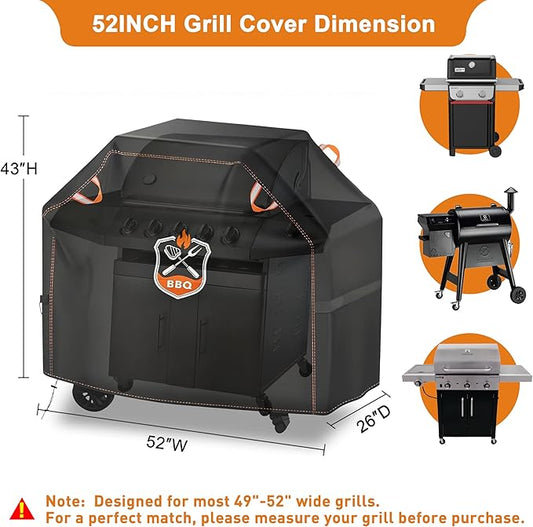 Grill Cover, Universal 52" BBQ Grill Cover for Outdoor Grill, Waterproof, Weather Resistant, Fade Resistant Gas Grill Cover with Adjustable Double Straps for Weber, Char-broil, Nexgrill, etc