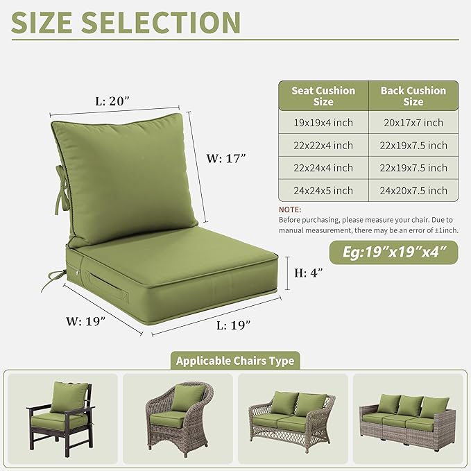 Premium Outdoor Seat Cushion Chair Cushions for Patio Furniture 19 L X 19 W X 4 H Waterproof & Fade Resistant Deep Seat and Backrest Cushion Set with Removable Covers for Chair, Sofa