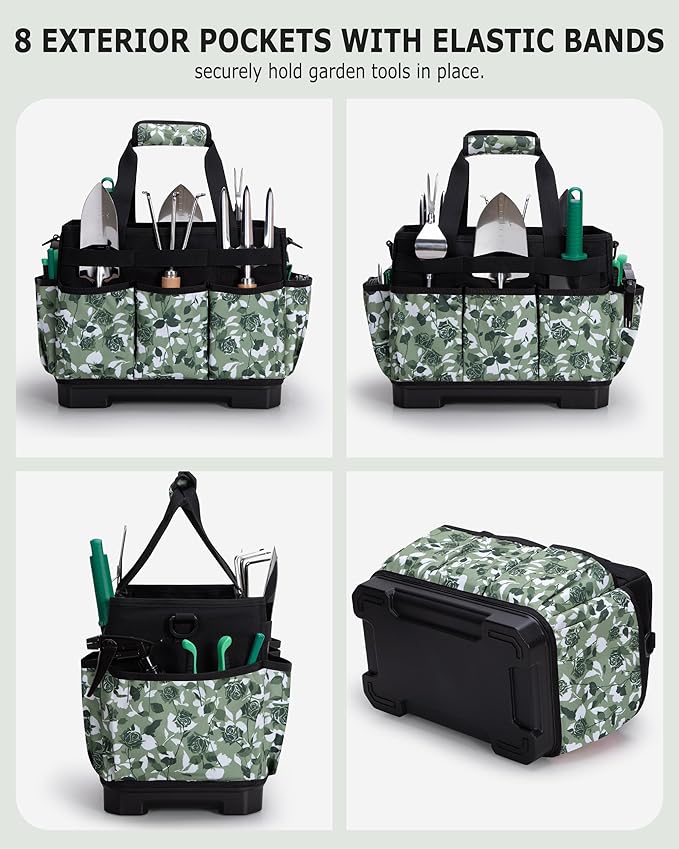 Marscamd Garden Tool Bag with Hard Bottom, Garden Tote with Shoulder Strap and Multiple Pockets (No Accessories Included), Green Rose