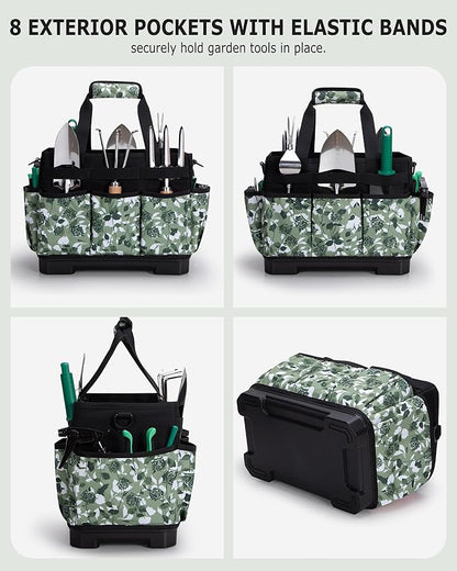 Marscamd Garden Tool Bag with Hard Bottom, Garden Tote with Shoulder Strap and Multiple Pockets (No Accessories Included), Green Rose