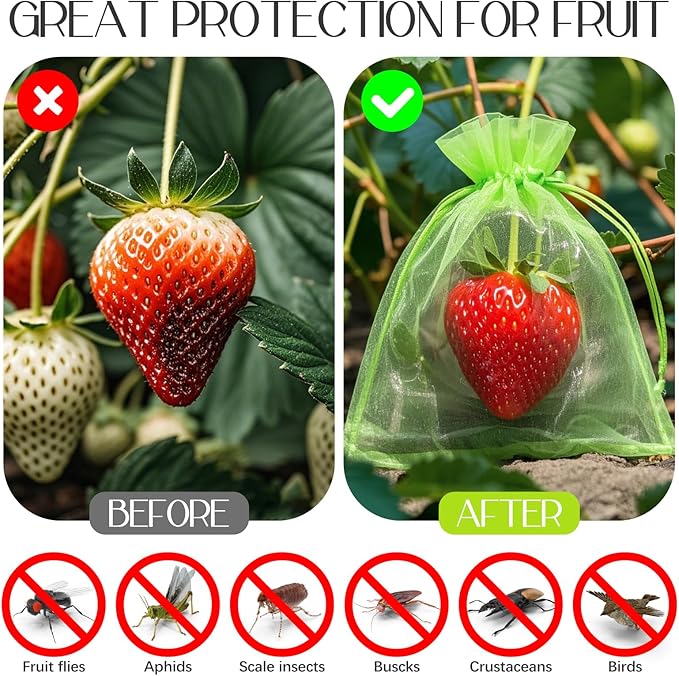40 Pcs Fruit Protection Bags, 4x6 Inch Strawberry Bag Netting Cover, Tear Resistance Mesh Bags Drawstring, Pest Barrier Green Bags for Fruits & Vegetables, Blueberries, Cherry Tomatoes, Small Fruits