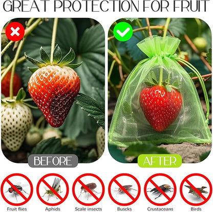 40 Pcs Fruit Protection Bags, 4x6 Inch Strawberry Bag Netting Cover, Tear Resistance Mesh Bags Drawstring, Pest Barrier Green Bags for Fruits & Vegetables, Blueberries, Cherry Tomatoes, Small Fruits