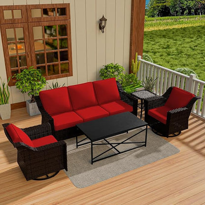 Vista Vibe 5 Pieces Outdoor Rattan Patio Conversation Furniture Set - 78" 3-Seat Sofa | 2 Swivel Glider Rocker Chairs | Wicker End Table | Metal Table, Upholstered Loveseat, Deck (Brown/Red)