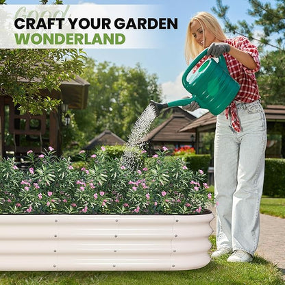 G GOOD GAIN Raised Garden Beds - 8x2x1ft Galvanized Planter Boxes Kit with Protective Tape & Gloves & Tools | Oval Metal Outdoor Raised Bed for Gardening Vegetables, Fruits, Flowers, Herbs, White