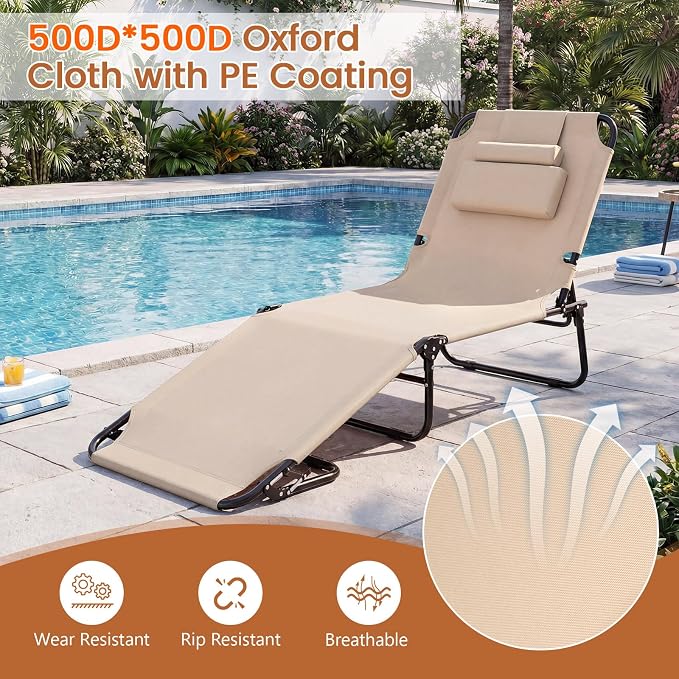 Giantex Tanning Chair, Adjustable Patio Lounge Chair w/Face Hole, Removable Pillows, Carry Strap, Layout Chair, Folding Beach Sunbathing Chair, Outdoor Chaise Lounge for Poolside Yard Lawn (1, Beige)