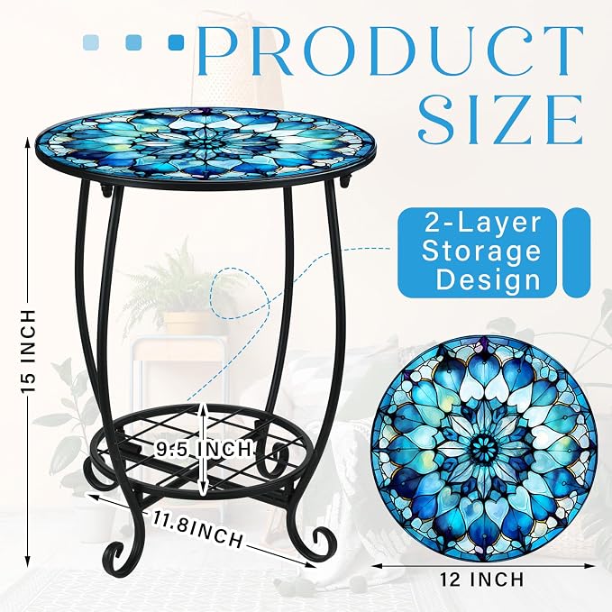 Cinnvoice Outdoor Side Table Round Small Mosaic Patio Accent Indoor End Plant Coffee Tea Table for Yard Patio Porch Garden Living Room, Bedroom(Mandala Style,12 Inch)