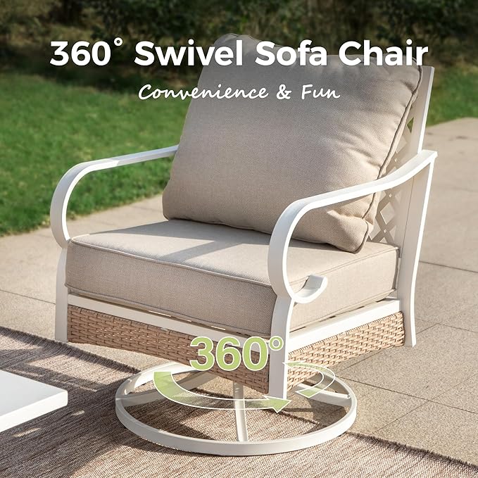 6 Piece Patio Furniture Set, 2 x Fixed Chair, 2 x Swivel Chair, 1 x 3-Seat Sofa with Marbling Coffee Table, All Cushioned Outdoor Conversation Set for Lawn Deck Backyard, Beige