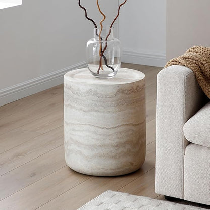 kevinplus Round Side Table Faux Stone End Table for Living Room, Modern Contemporary Style, Fiberglass Material, No Assembly (Mars Texture, ø15.74'' x 17.7'')