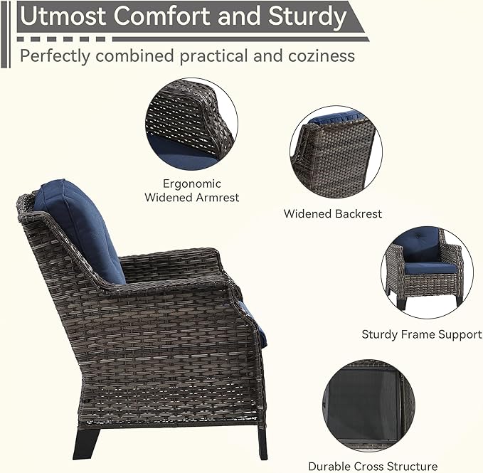 Patio Chairs Set of 2 Rattan Chair Patio Furniture Set with Thick Cushions and All-Weather PE Wicker for Garden, Patio and Porch, Navy