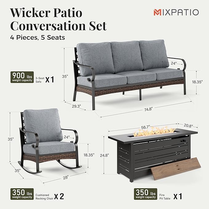 Patio Furniture Set with Firepit Table, Black Frame Outdoor Conversation Set with 2 x Rocking Chairs, 1 x 3-Seat Sofa for Lawn Garden Backyard, Grey