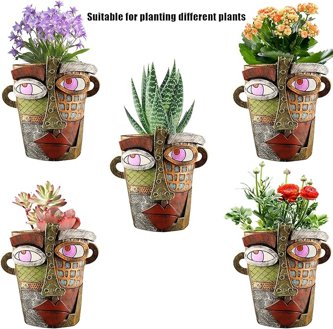 Abstract Face Flower Pots Head,Creative Inspiration Succulent pots,Head Planter with Drainage Hole,Colorful Plant Pots for Outdoor Garden Decor and Home Art Decoration(Retro)