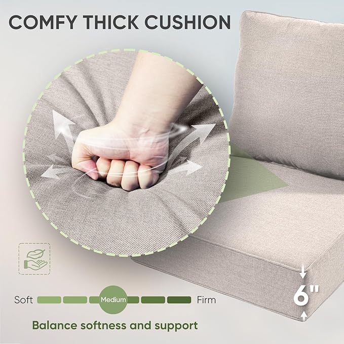 Outdoor Chair Cushion Set, 24x24 Waterproof Patio Chair Cushions, 6" Thickened Seat Cushion for Outdoor Chair and Couch, Include 1 Seat & 1 Back Cushion, Thick/Beige