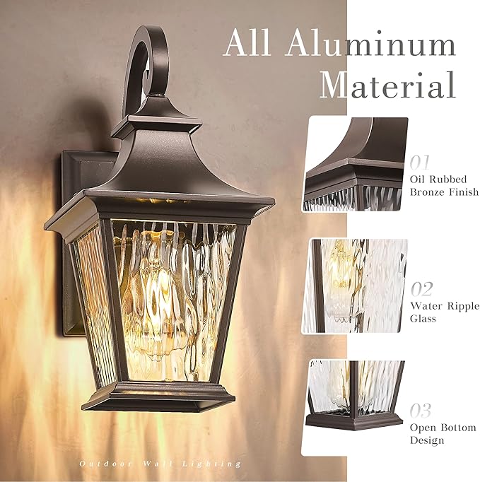 Emliviar 2 Pack Outdoor Wall Lights, Exterior Wall Lantern Sconce for Garage Patio, Oil Rubbed Bronze Finish with Water Ripple Glass, XE219B-2PK ORB