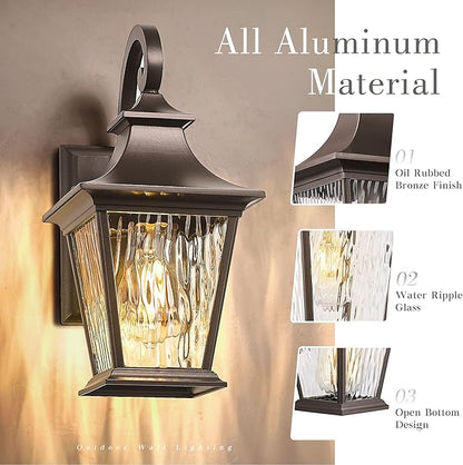Emliviar 12.2 Inch Wall Light with Water Ripple Glass, 1-Light Outdoor Patio Light for House, Die-cast Aluminum in Oil Rubbed Bronze Finish, XE219B ORB