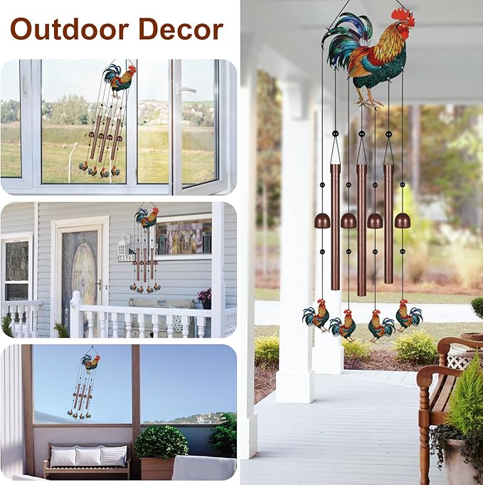 Roosters Wind Chimes for Outside,Metal Windchimes with S Hook with Playful Design Wind Chime Garden Decor Outdoor Ideal Memorial/Housewarming/Birthday/Festival Gifts Front Yard Decor
