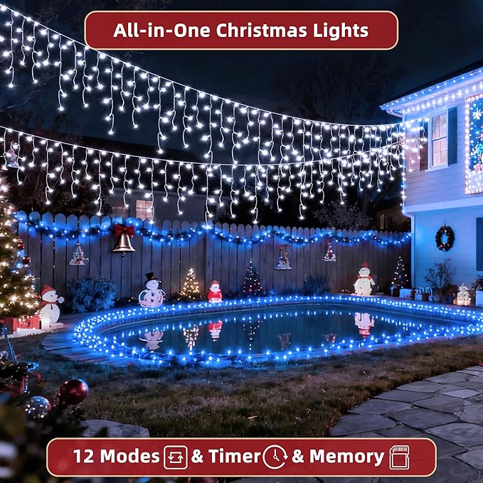 504 LED Christmas Lights Outdoor 50FT with 112 Drops, Christmas Decorations Hanging Lights 12 Modes, Dimmable Outsite Fairy String Lights for Wedding Party Holiday Winter Wonderland Decor Cool White