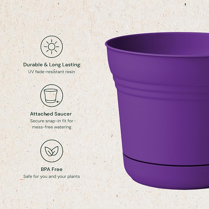 Bloem Saturn 12" Royal Lilac Round Resin Planter Pot with Snap-in Saucer for Indoor and Outdoor Gardening